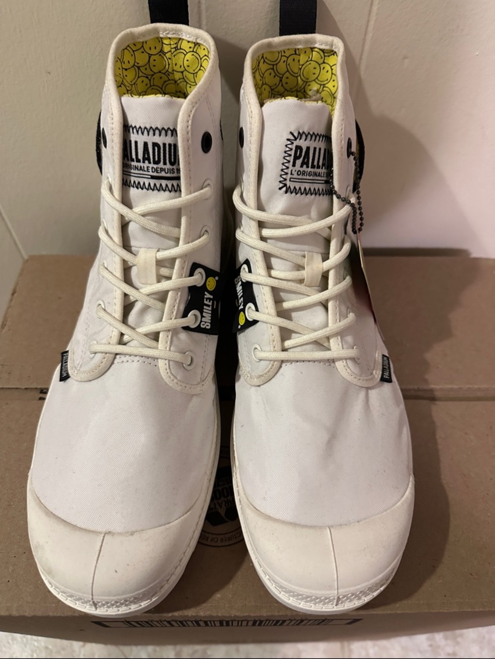 Palladium White Canvas High-Top Sneakers with Yellow Smiley Liner